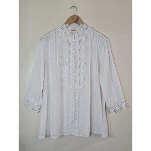 Mazik Pintuck White Blouse Womens Size Large Eyelet Embroidered Button Up Top